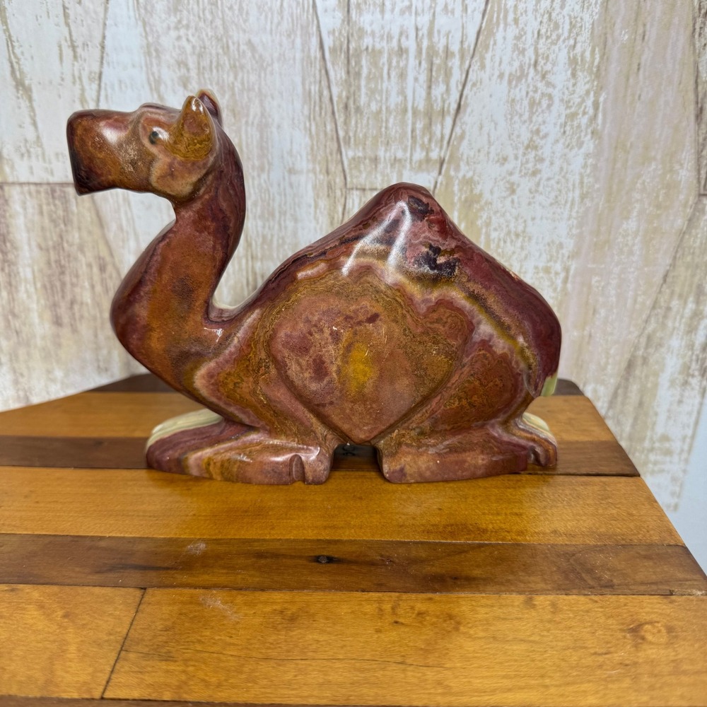 Vintage Hand Carved Onyx Marble Camel Figurine Paperweight Brown Green‎ Stone
